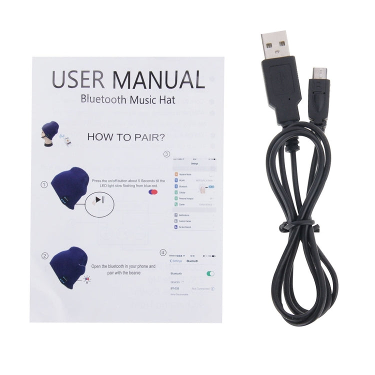 Bluetooth music hat accessories: user manual and black USB charging cable