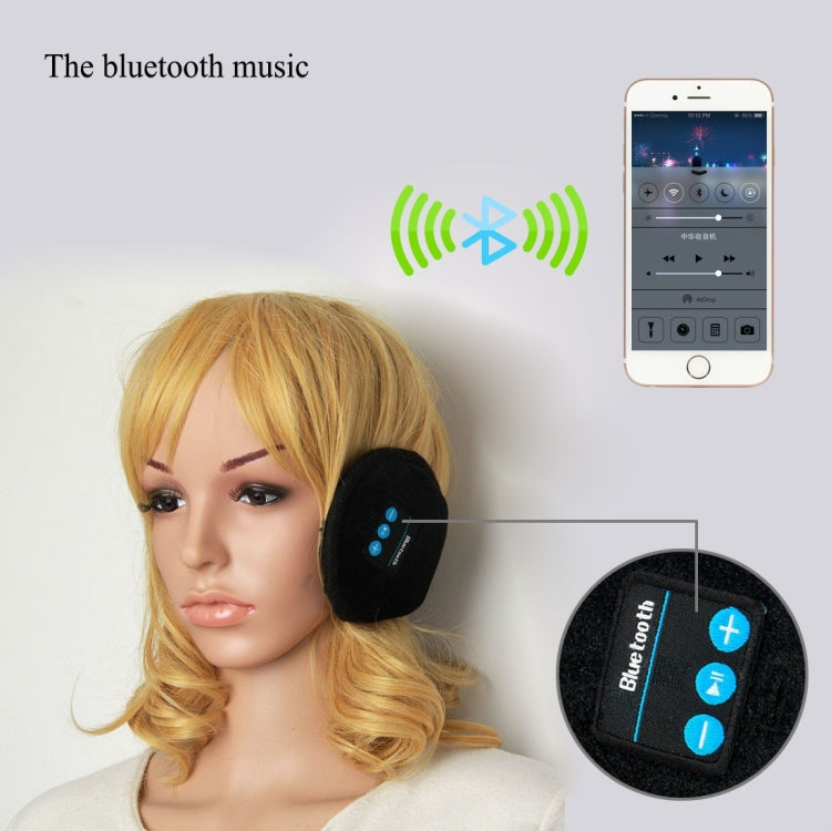 Black Bluetooth earmuff with blue buttons on winter headwear, close-up detail