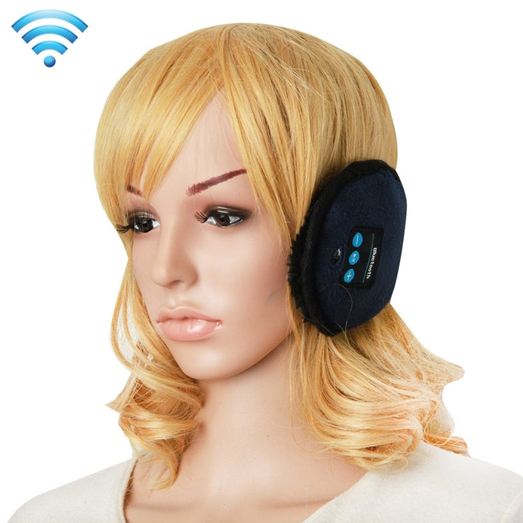 Black Bluetooth winter earmuff with blue control icons on side of headband