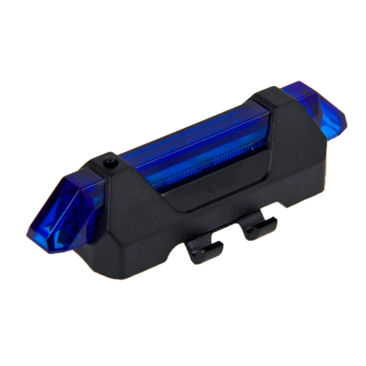 Blue LED bike taillight in black housing, side view with clip-style bracket