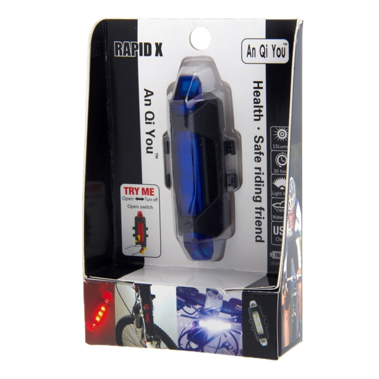 Detachable USB rechargeable LED bike taillight, blue, in retail box.