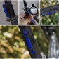 Blue detachable bike taillight mounted on seatpost, blue LED segments visible.