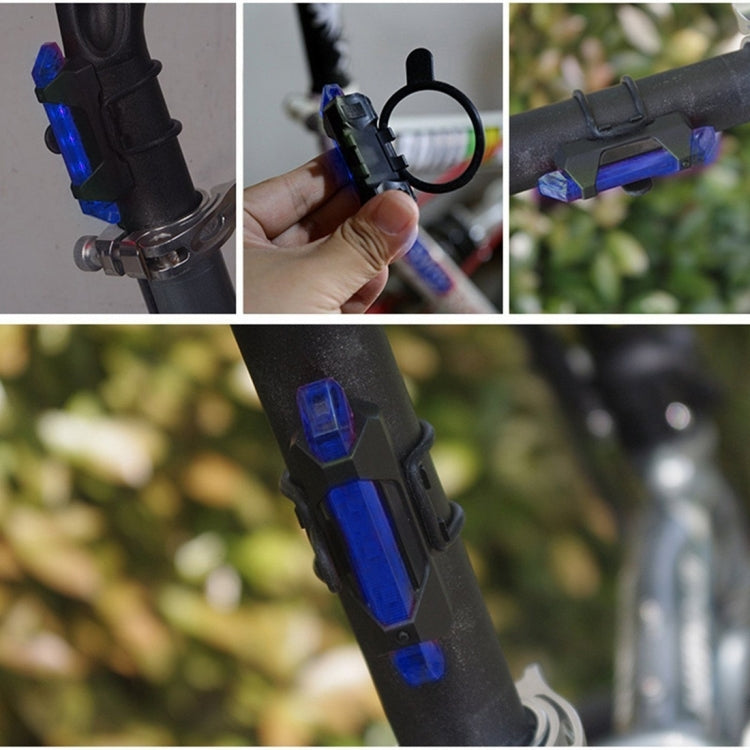 Blue detachable bike taillight mounted on seatpost, blue LED segments visible.