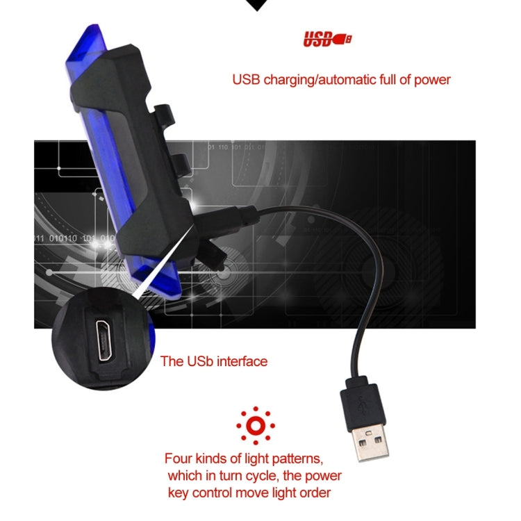 Blue LED bike taillight with USB charging cable connected
