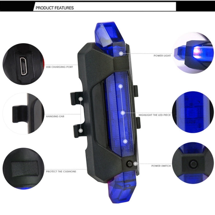 Blue LED bike taillight with black body and mounting clips, close-up detail