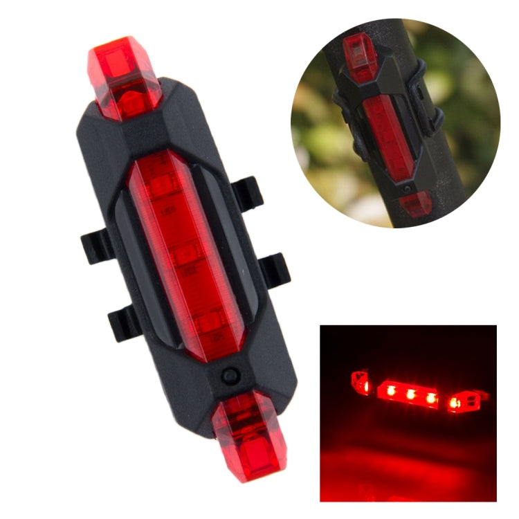 Red detachable USB rechargeable bike taillight with red light bars and side lenses.