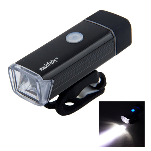 Black USB rechargeable bike LED light with clear front lens and handlebar mount
