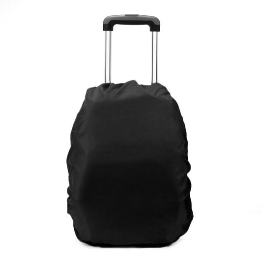Black 35L rain cover bag with trolley handle and gathered fabric drawstring
