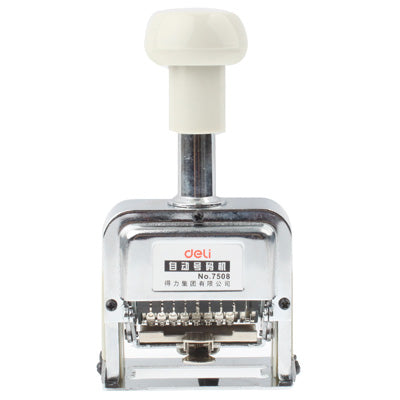 Automatic numbering machine head close-up with white handle