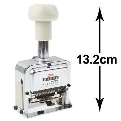 Automatic numbering machine with white handle; height shown as 13.2cm