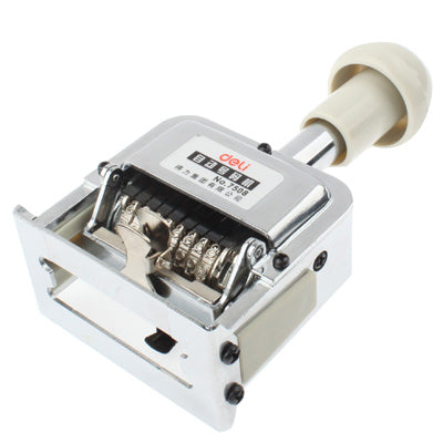 Automatic numbering machine with white handle and open metal stamp mechanism