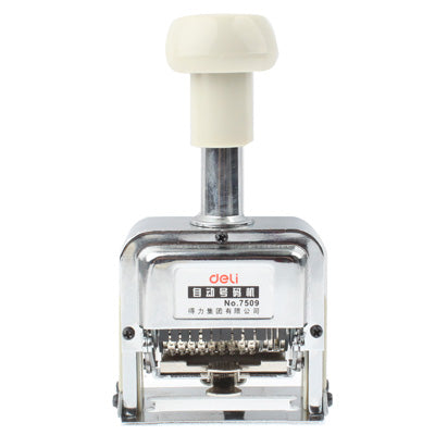 Automatic number stamping machine close-up with metal body and front label plate