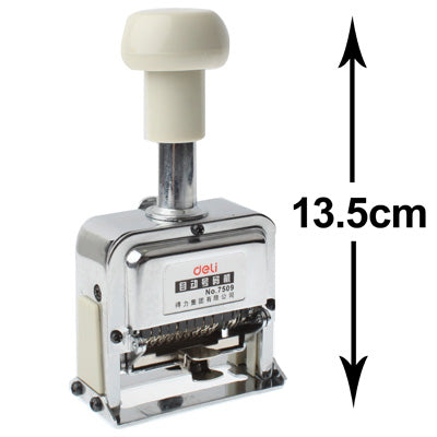 Automatic number stamping machine with beige handle; shows 13.5 cm height