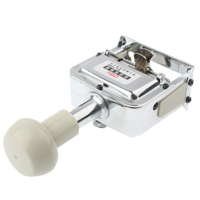 Automatic number stamping machine angled view with chrome stamping head and beige handle