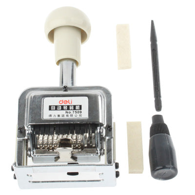 Automatic number stamping machine with handle, plus screwdriver and accessory strip