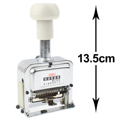 Automatic metal numbering machine with white handle, 13.5 cm height shown