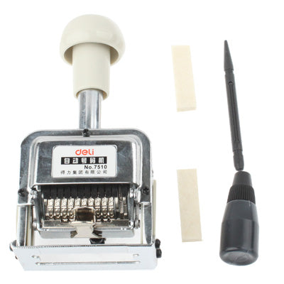 Automatic metal numbering machine with white handle, plus tool and paper strips