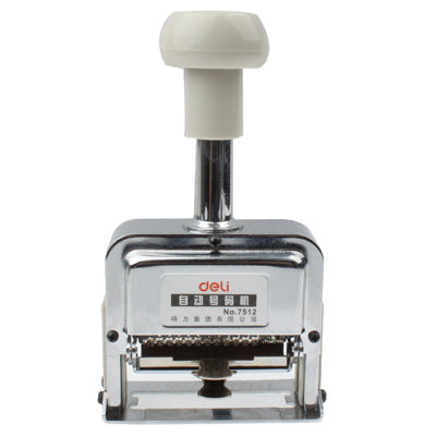 Metal automatic numbering machine front view with white handle and number plate