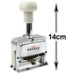 Metal automatic numbering machine with white handle, 14cm height indicated