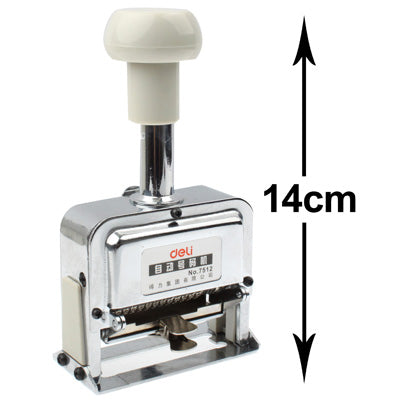 Metal automatic numbering machine with white handle, 14cm height indicated