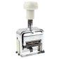 Metal automatic numbering machine with white handle, stamping head front detail