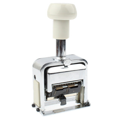 Metal automatic numbering machine with white handle, stamping head front detail