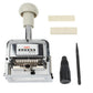 Metal automatic numbering machine with white handle and included accessories