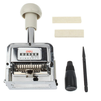 Metal automatic numbering machine with white handle and included accessories