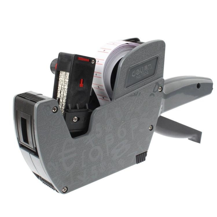 Grey handheld 8-digit ink price labeler with angled label holder and trigger handle