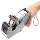 Grey handheld 8-digit ink price labeler held in hand with exposed label tape