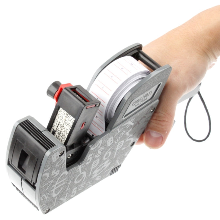 Grey handheld 8-digit ink price labeler held in hand with exposed label tape