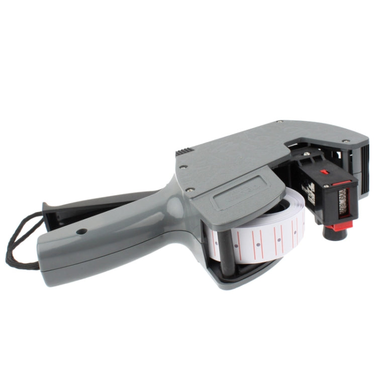 Grey handheld 8-digit ink price labeler with side cover open and label roll visible