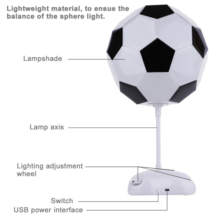 Soccer ball lamp with USB power interface, lighting adjustment wheel, and switch diagram.