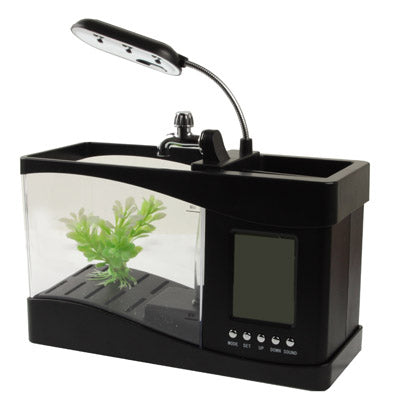 Black mini desktop aquarium with water pump nozzle and LCD control screen on the side