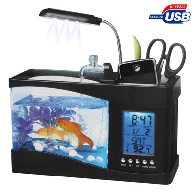 USB mini desktop aquarium tank with LED light, water pump spout, and LCD clock display