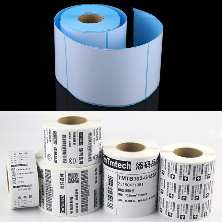 Thermal label paper roll, white with blue core, blank label surface