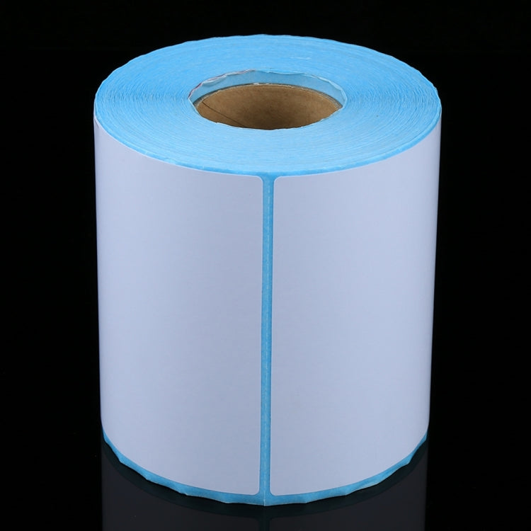 Thermal adhesive label roll, white sheet with blue edges, wound on cardboard core