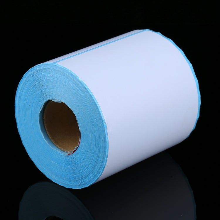 Thermal label paper roll, white labels with blue rim, side view
