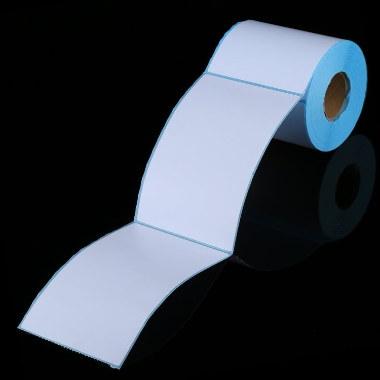 Thermal label paper strip, white labels with blue edge, rolled out for printing