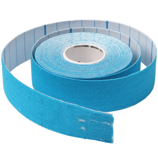 Blue waterproof kinesiology tape roll with end strip extended, woven texture