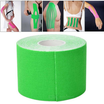 Green waterproof sports muscle tape roll, 5cm wide tape wound on core.