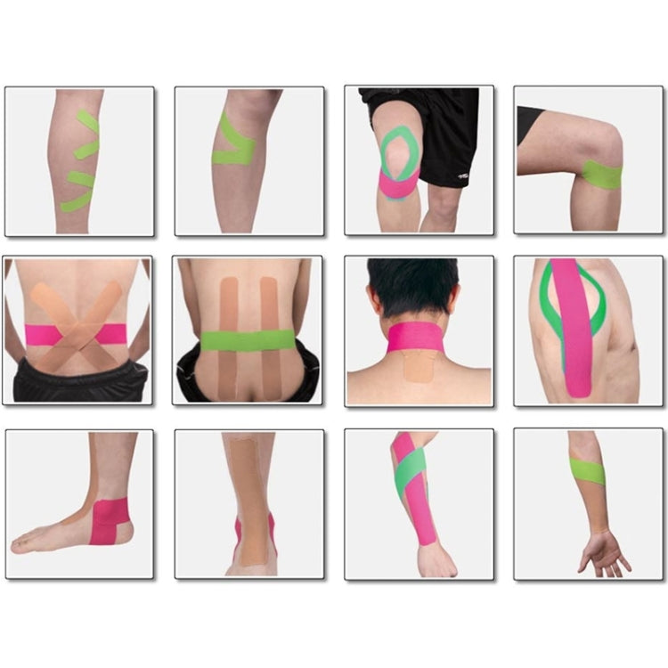 Sports muscle tape applied to arms and legs in green and pink strips.