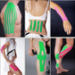 Waterproof sports muscle tape applied to body, green and pink strip patterns.