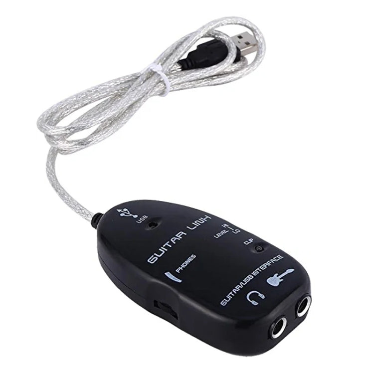 Black USB guitar interface adapter with braided cable and USB plug
