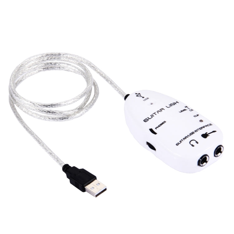 White USB guitar interface adapter with braided cable and USB plug