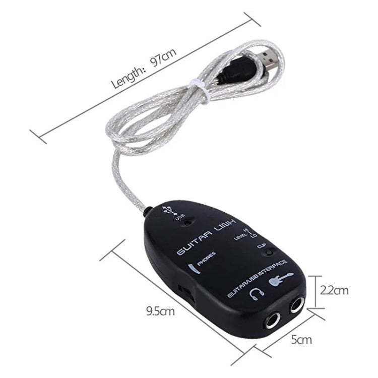 Compact black USB guitar interface adapter with braided cable and ports