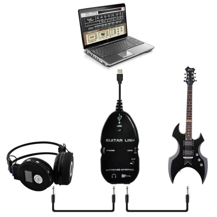 USB guitar link cable kit with interface pod, headphones, and instrument connections
