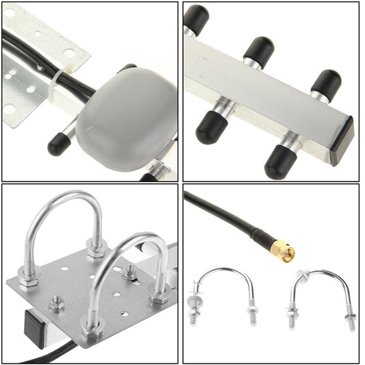Yagi antenna mounting bracket and feed hardware with short coax connector leads