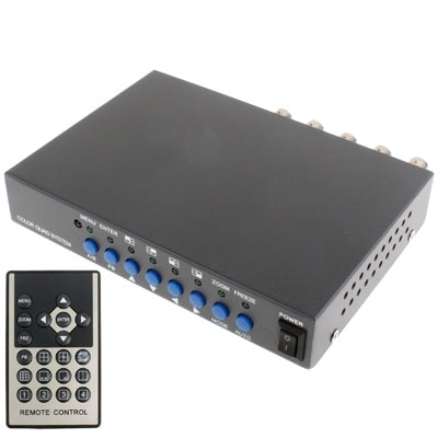 Black VGA quad splitter with blue control buttons and IR remote