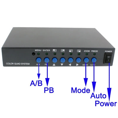 Black quad video processor front panel with blue buttons and power switch